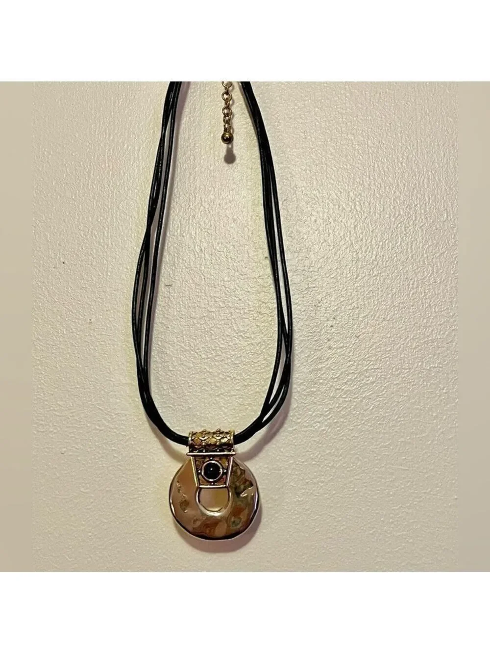 Chico’s hammered metal big pendant 3 strand black leather 90s whimsigoth 1990s